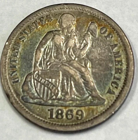 1869 Liberty Seated Dime AU. RARE ITEM # A-22 Cover