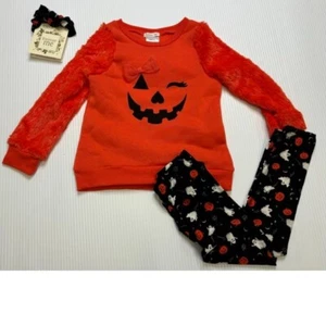 Girls Halloween Shirt Leggings Headpiece Black Orange Pumpkin 3 pc Set-sz 4T - Picture 1 of 8