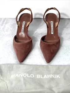 Manolo Blahnik Caroline 70 mauve pink velvet slingback shoes sz 38 kitten heel - Imagen 1 de 10