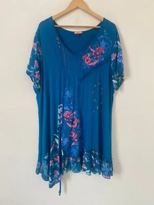 Joe Browns Tunic 22 Blue Embroidered V Neck Floral Hankie Hem Jersey Stretch - Picture 1 of 8