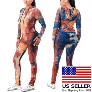 Women 2 PC Workout Set Tie Dye Hoodie Top and Leggings Pants, Size S/M/L - Picture 1 of 25