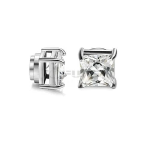 PAIR Diamond Cut Magnetic Men Women Square Sparkling Clip On Ear Studs Earrings - Picture 1 of 36