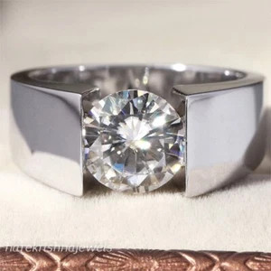 Anello Matrimonio Solitario Uomo Diamante Taglio Rotondo 3CT Creato in Lab-Creato Oro Bianco 14K FN - Foto 1 di 6