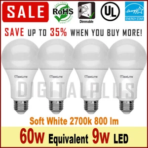 4 Bulbs 60w Replacement 9w LED Light Bulbs Soft White 2700k E26 Dimmable 800 L - Picture 1 of 3
