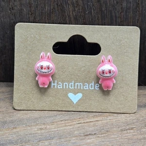 Bright Pink Labubu Earrings Pierced The Monsters Dainty Stud Jewelry Handmade - Picture 1 of 2
