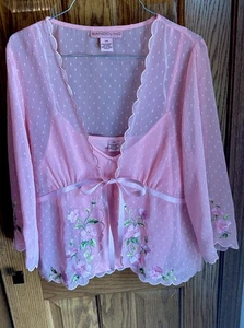 Bandolino Vintage Floral Sheer Shawl Cardigan Embroidered Scalloped Pink Sz 14 - Picture 1 of 10