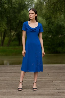 DEADSTOCK винтажный капот шеи платье бисером короткий рукав шифоновое новый с Ярлыками синий маленький - Изображение 1 из 4