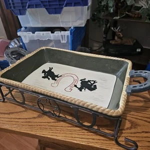 Sonoma Home Happy Trails 13" Rectangular Casserole Dish w/ Metal Stand Cowboy - Picture 1 of 6