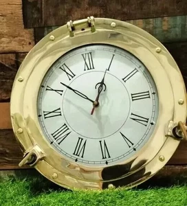 15" Antique Nautical Wall Clock Marine Brass Ship Porthole Clock Home Decor Gift - Picture 1 of 6