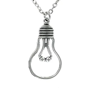 LIGHT BULB Outline Necklace - Pewter Charm on Cable Chain Lightbulb Gift Small - Picture 1 of 4