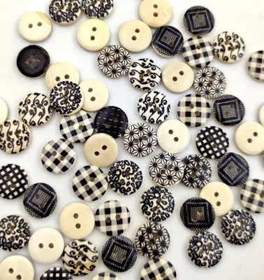 50 PC Wooden Two-Hole Buttons Assorted Black 1.5 CM Random Designs New B5595 - Image 1 of 2
