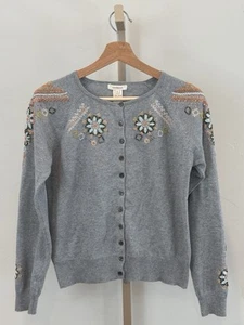 Sundance Marimba Button Up Cardigan Sweater Women’s S Gray Embroidered Beaded - Picture 1 of 10