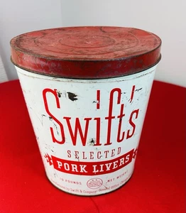 Vtg Swifts Pork Livers 10 lb Tin Can Advertising Graphics Farm Kitchen Decor - Picture 1 of 9
