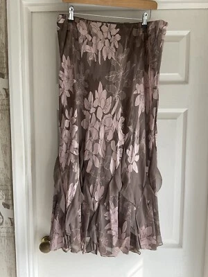 Chesca Mink & Pink Floral Silk Mix Frilled Flippy Lined Midi Skirt Size 14 - Image 1 of 3