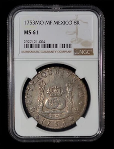 NGC MS61 1753 Mo MF Mexico Ferdinand VI. Pillar Silver 8 Reales - Picture 1 of 4