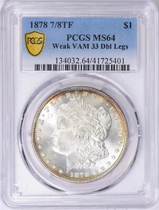 1878 7/8TF Morgan Silver Dollar PCGS MS-64 VAM-33 7/4TF Tailfeathers Toned - Bild 1 von 7