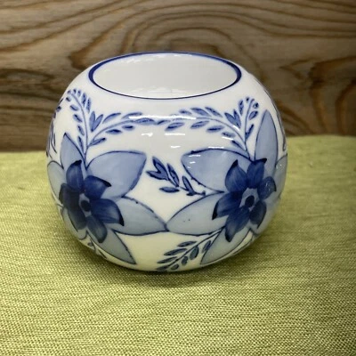 Ceramic Tea Light Holder, White With Blue Floral Pattern  - Image 1 of 4