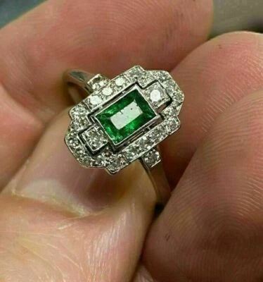3.00 Ct Emerald Cut Green Emerald Simulated Diamond Halo Ring White Gold Plated - Image 1 of 4