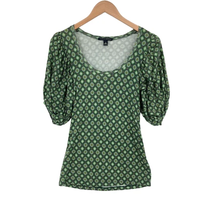 Banana Republic Blouse Top Womens XS Green Geometric Print 3/4 Sleeve Scoop Neck - Imagem 1 de 4