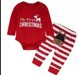 Baby Boys Girls Christmas Reindeer Print Long Sleeve Romper PJs Xmas 0-6 Mo - Picture 1 of 5