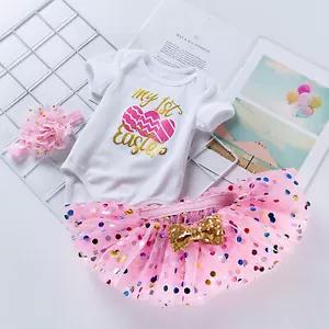 Baby Girls Easter Outfits Summer Short Sleeve Romper Tops with Skirt Headbands - Picture 1 of 10