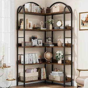 Corner Bookshelf Industrial Bookcase L Shaped Arched 5 Tier Corner Shelf Rack - Picture 1 of 6