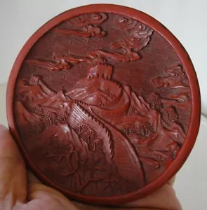 ANTIQUE CHINESE CARVED BY HAND RED LACQUER CINNABAR PLATE GREAT WALL OF CHINA - Picture 1 of 12