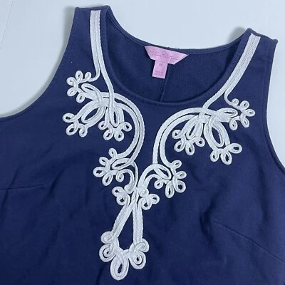 Vestido Lilly Pulitzer Foster Shift XS Sin Mangas Azul Marino Blanco Bordado Foto 1 de 4