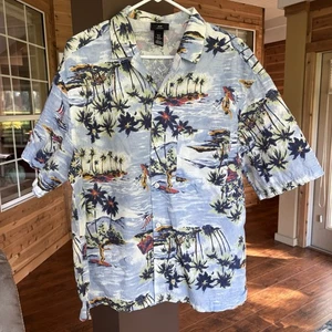H&M Hemd Hawaii Print Blau Herren M Surfer Luau Bro Urlaub Weiß Lotus Kreuzfahrt - Bild 1 von 6