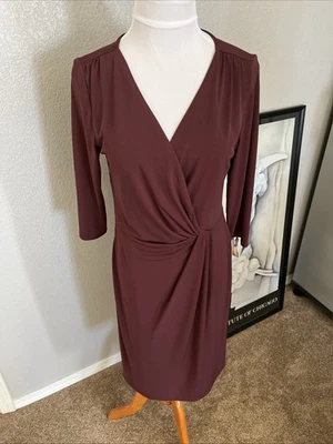 Coldwater Creek Burgundy Wrap 3/4 Sleeve v-neck Knee Length Stretch Dress Sz 10 - Image 1 of 4