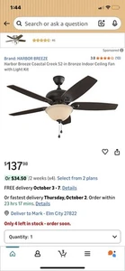 52” ‘coastal Creek” Harbor Breeze Ceiling Fan (missing Globe) - Picture 1 of 3