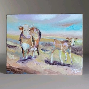 Landkühe in Öl auf Xl Leinwand Bernhard Gerner 24 x 30 cm Original Braun Weiß - Bild 1 von 13