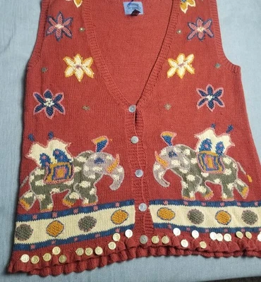 Vtg Cambridge Dry Goods Knit Vest Elephant Middle Eastern Boho Linen 90s Sz M - Image 1 of 4