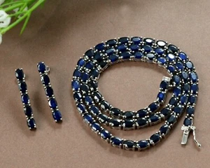 6x4 mm Natural Sapphire Gemstone 925 Sterling Silver Tennis Necklace & Earring - Picture 1 of 3