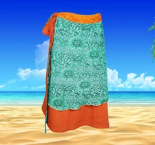 Womens Recycled Sari Wrap Skirt, Magic Wrap Skirt, Blue Orange Floral One Size