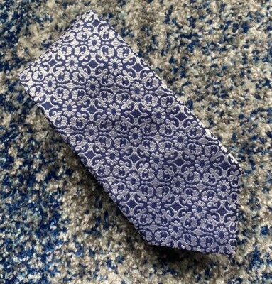 Charles Tyrwhitt Blue Silver Baroque Floral Silk Necktie Handmade in England - Image 1 of 4