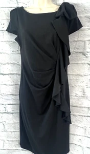 Reherring Black Pencil Dress Jersey Size 10 Ruffled Frilly Side Dark Academia - Picture 1 of 10