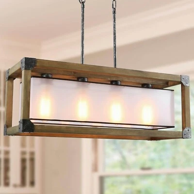 LNC 4-Light Nature Wood Brown Farmhouse Clear Glass Square LED Kitchen Island Li - Image 1 of 4