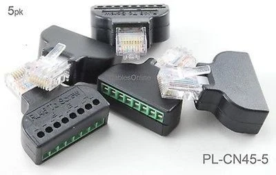 CABLESONLINE 5pk RJ45 Male Plug to AV 8-Pin Screw Terminal Block Adapter Converter, PL-CN45-5