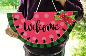 WELCOME 18" WATERMELON Slice SIGN Deck Pool Patio Backyard Pink Door Plaque - Picture 1 of 1