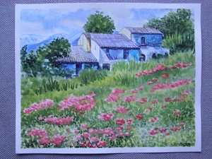 Poppies Field LANDSCAPE Original Watercolor Acrylic Painting Art By Artist - Picture 1 of 2