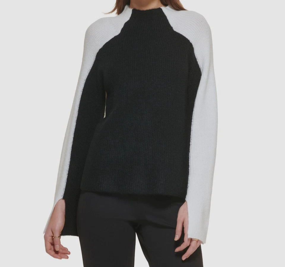 DKNY Women's Black Colorblock Funnel Neck Pullover Sweater Size XL