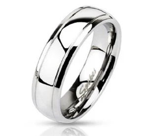 Anillo de banda de boda de acero inoxidable con bordes escalonados - Imagen 1 de 1