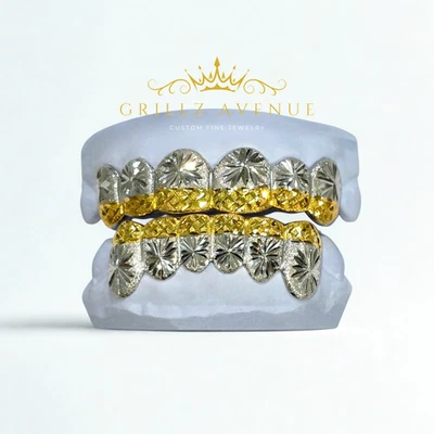 Parrilla de ajuste personalizado dos tonos con estrella, cortes de diamante/polvo (plata de ley 925) Foto 1 de 3