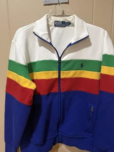 Polo Ralph Lauren Jacket Mens White Colorblock Full Zip Blue Rainbow Stripe - Picture 1 of 3