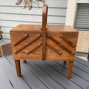 Vintage Strommen Bruk Hamar Norwegen Mid Century Modern Akkordeon Holz Nähkästchen - Bild 1 von 24