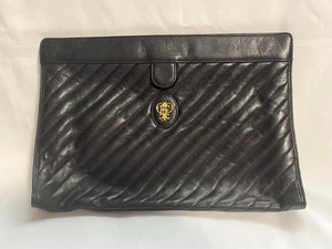 Emilio Pucci Logo Vintage Clutch Bag Black Leather Women's From Japan - Picture 1 of 23