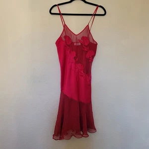 Vtg Y2K Victorias Secret Red Slip Dress Medium Satin Sheer Asymmetrical Romantic - Picture 1 of 7