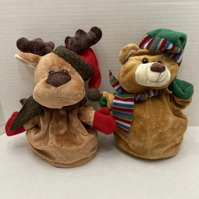 2 Caltoy Christmas Hand Puppets Teddy Bear Reindeer Plush 10 Inch Hat And Scarce - Image 1 of 4