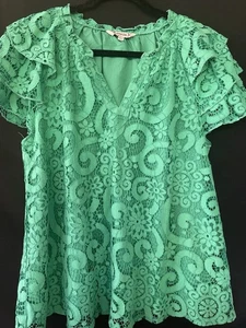 Nanette Lepore Green Flutter Sleeve Blouse Too With Ruffles SZ Large - Picture 1 of 5